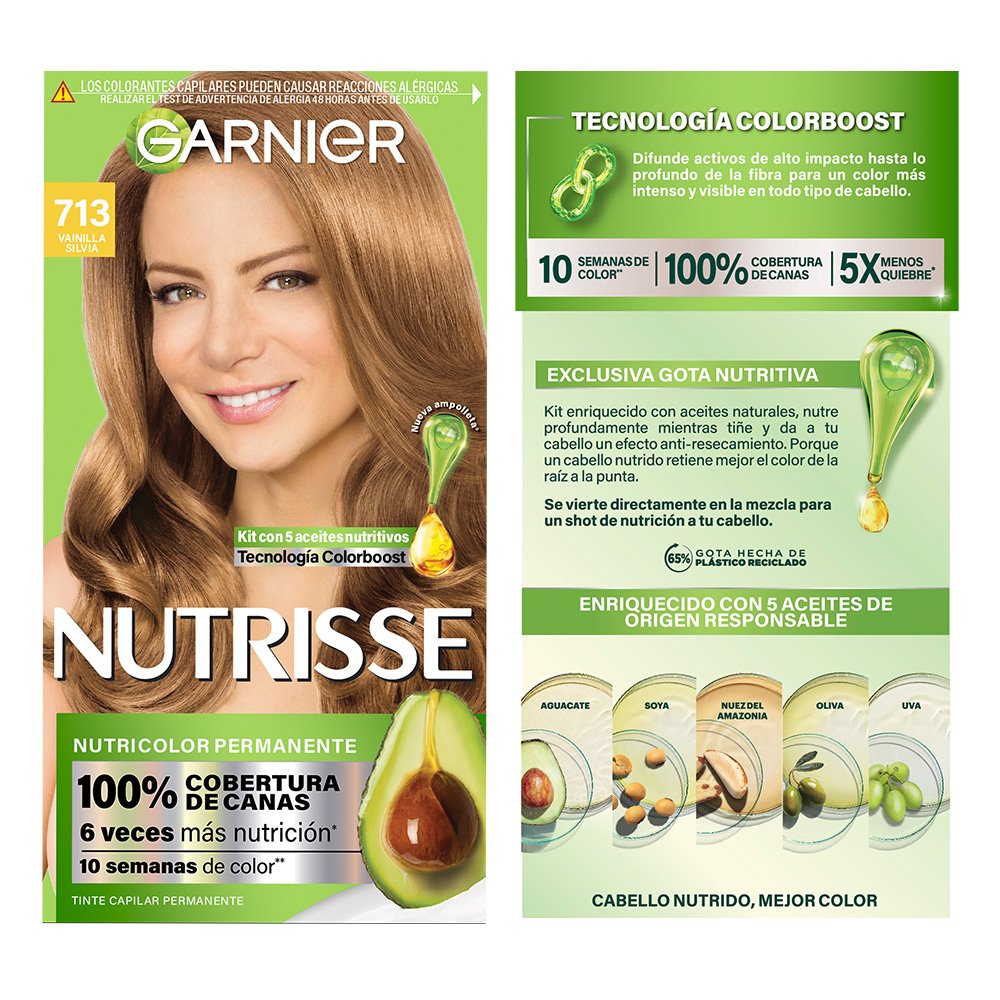 GARNIER NUTRISSE, NUTRISSE, NUTRISSE REGULAR, COLORACIÓN DE CABELLO, TINTE DE CABELLO, COLOR INTENSO, COLORACIÓN, FÓRMULA VEGANA, CRUELTY FREE, TONO 713, VAINILLA SILVIA